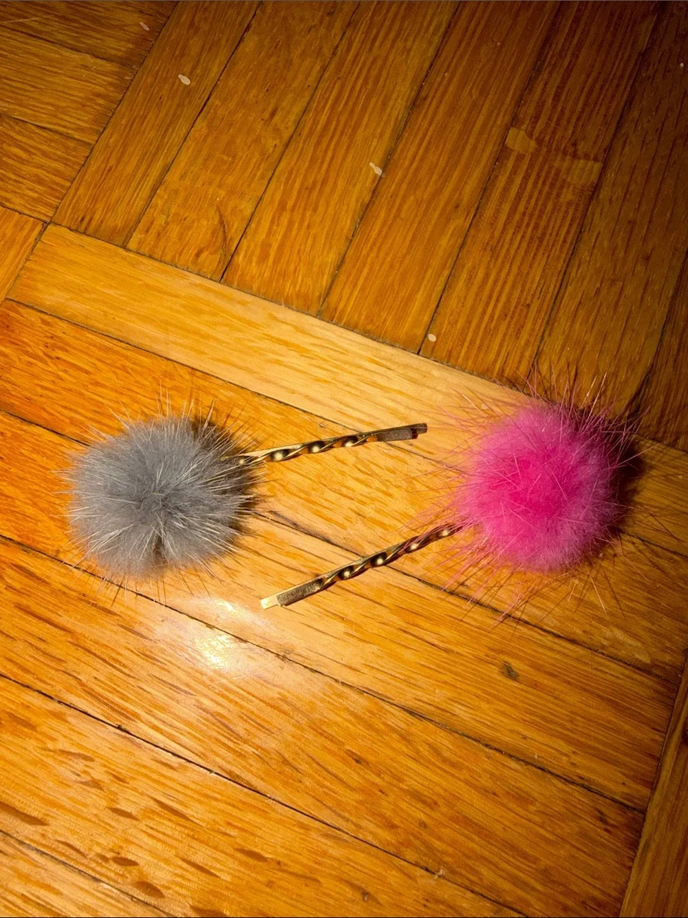 Fuzzy Pom Pom Hair Pins - Pink & Gray